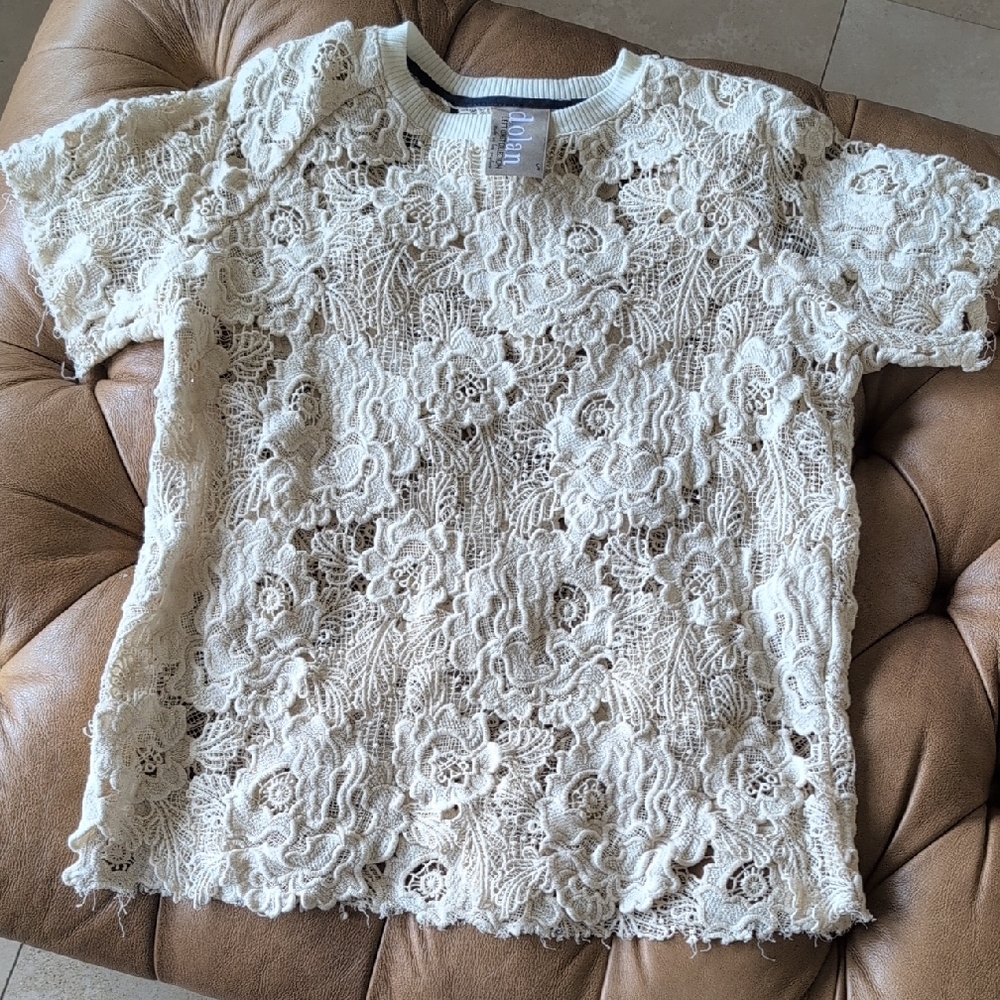 Anthropologie Cream Lace Short Sleeve Top